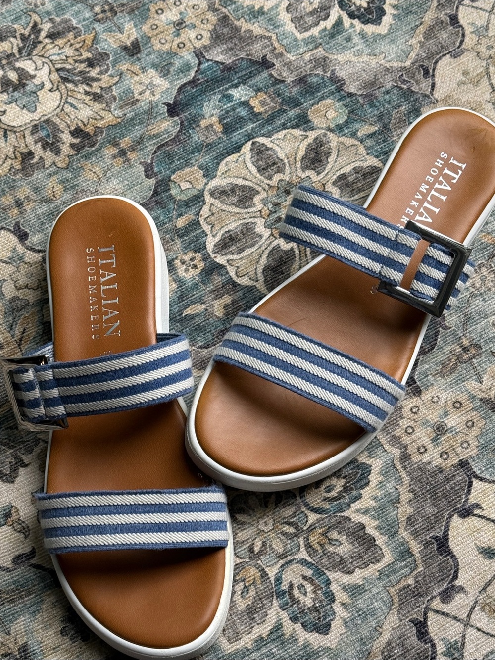 Italian Shoemakers Navy and White Striped Slide Sandals - Women